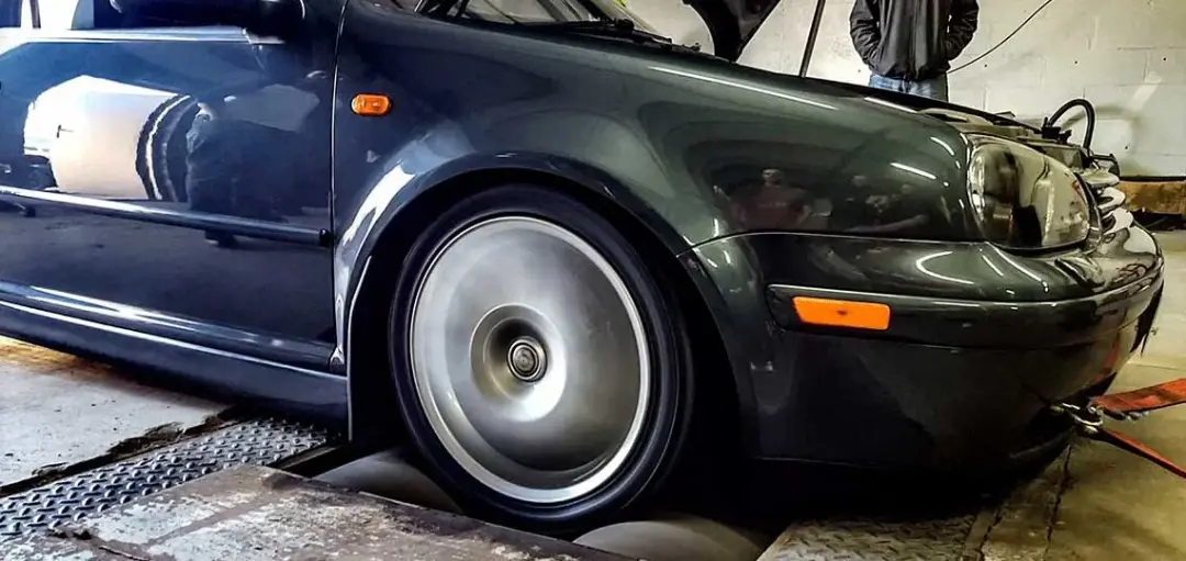 Dark grey Volkswagen Golf Mk4 on the dyno rollers